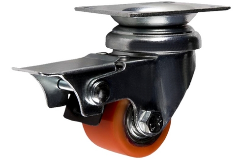 Колесо большегрузное поворотное с тормозом, полиуретановое, платформенное крепление 903035B (диаметр 35 мм)